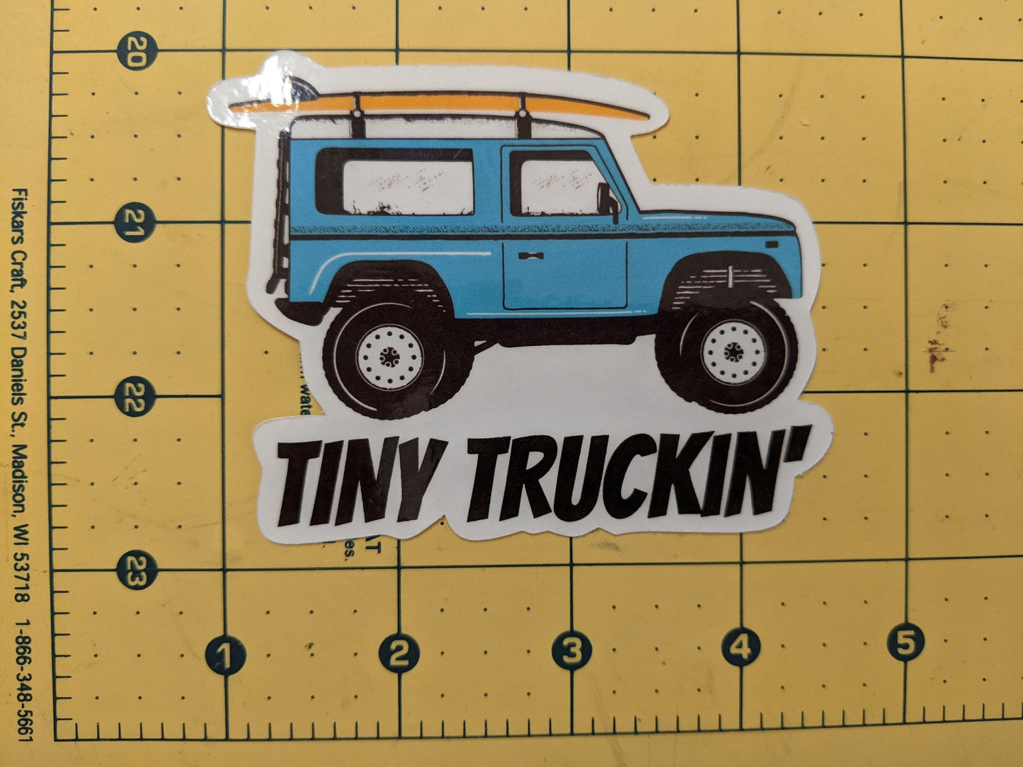 TINY TRUCKIN' die-cut Defender waterproof sticker